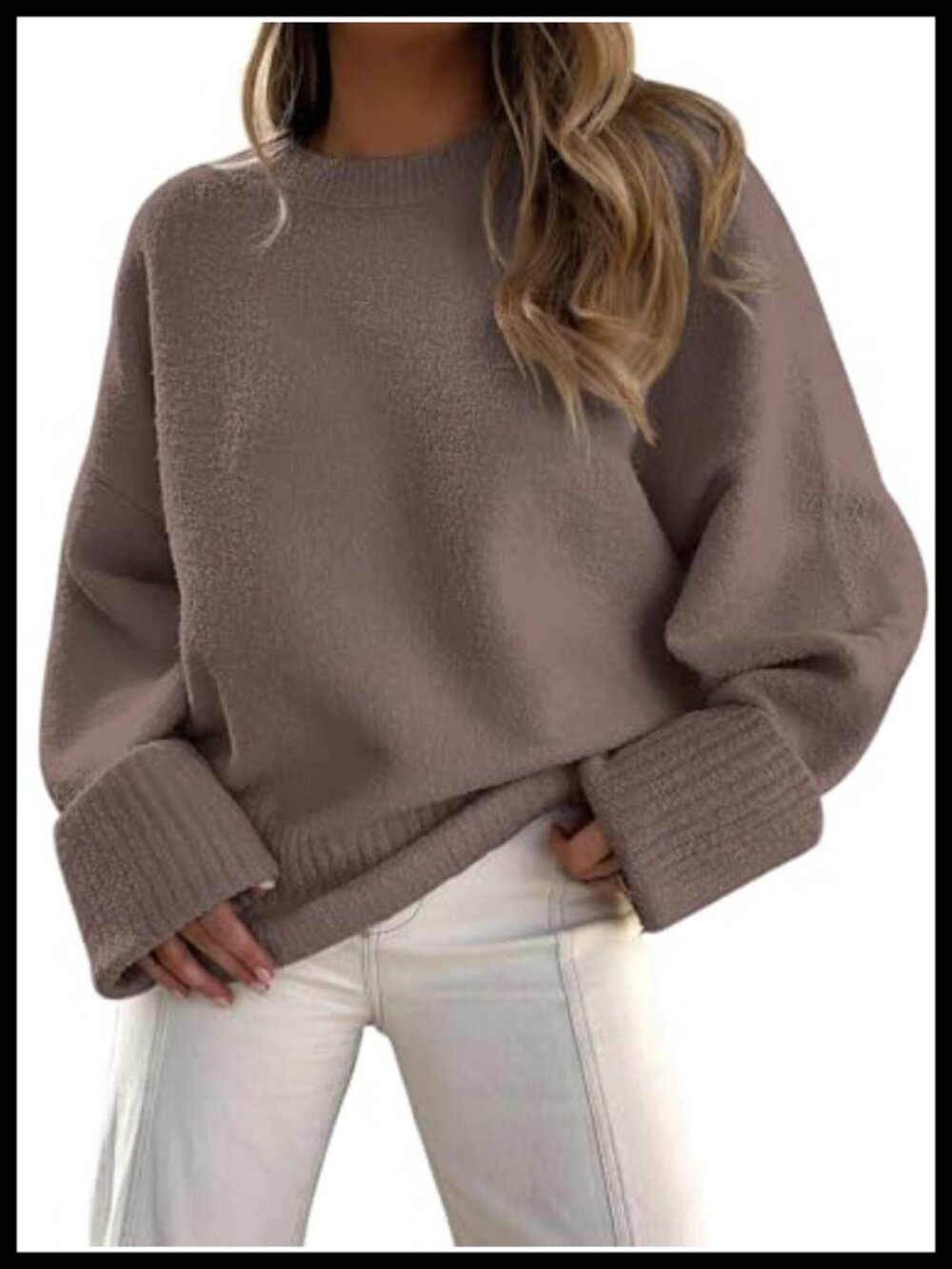 Oversized Cozy Knit Sweater Fuzzy Pullover Crew Neck Long Sleeve